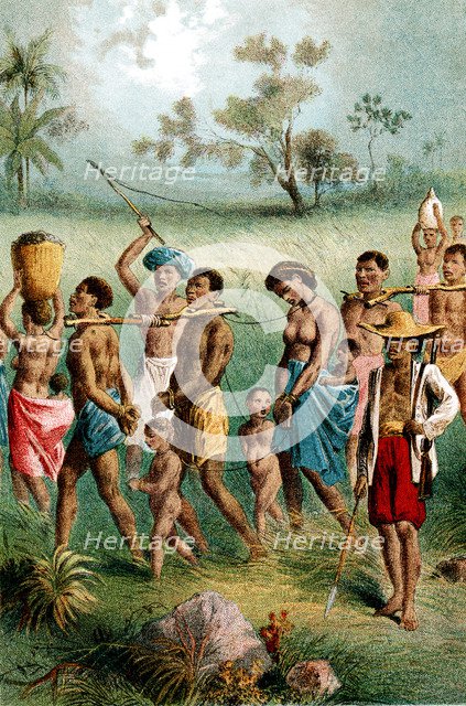 Male, female and child captives driven into slavery by Arab slave traders, c1875. Artist: Unknown