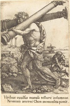 Hercules Carrying the Two Columns of Gaza, 1550. Creator: Heinrich Aldegrever.