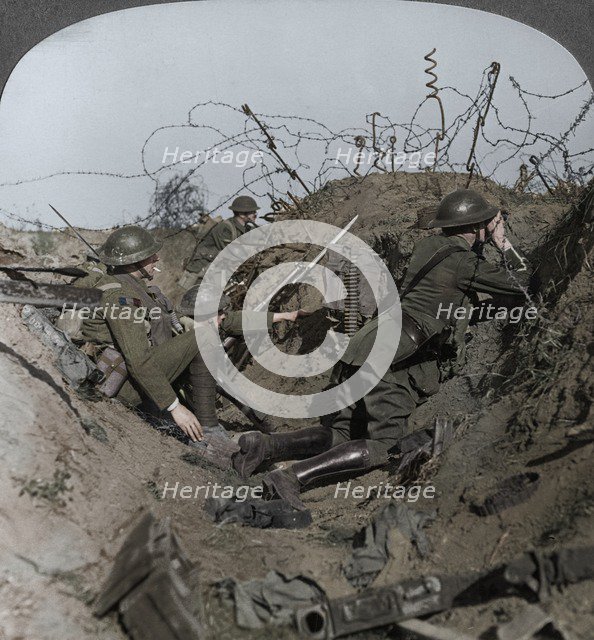 Observation officer and signallers keep a sharp lookout, St Quentin, France, World War I, 1914-1918. Artist: Realistic Travels Publishers.