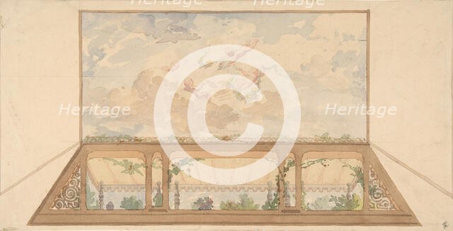 Design for a ceiling painted with a trompe l'oeil awning and putti in clouds, second half 19th centu Creators: Jules-Edmond-Charles Lachaise, Eugène-Pierre Gourdet.