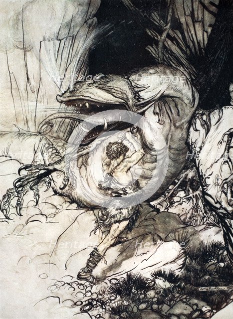 'Siegfried kills Fafner', 1924.  Artist: Arthur Rackham