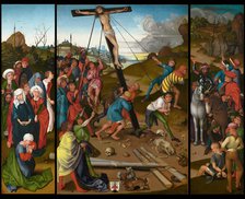 The Raising of the Cross [center, left, and right panels], c. 1480/1490. Creator: Master of the Starck Triptych.