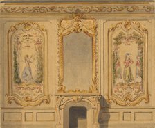 Elevation of an interior wall decorated with a chimney piece surmounted by a mirror..., 1830-97. Creators: Jules-Edmond-Charles Lachaise, Eugène-Pierre Gourdet.