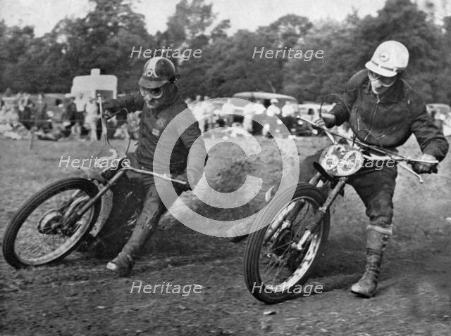 Grass track racing at Bishops Waltham, Coffin and Bungay on Jap motorcycles. Creator: Unknown.