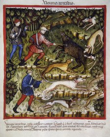 Boar hunting, 14th century.  Creator: Unknown.
