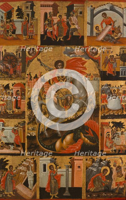Saint George slaying the dragon and scenes from his life, between 1700 and 1750. Creator: Cretan School.