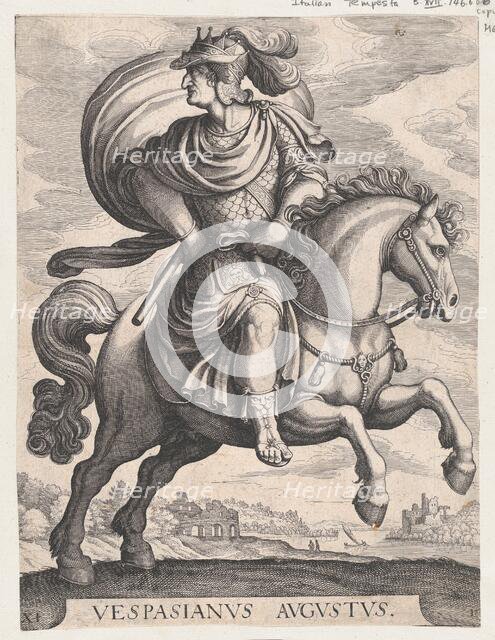 Emperor Vespasian on Horseback, from the series The First Twelve Roman Caesars, plate 1..., 1610-50. Creator: Matthaus Merian.