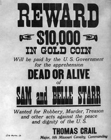 Wanted poster for the outlaws Sam and Belle Starr, c1880-1886 (1954). Artist: Unknown