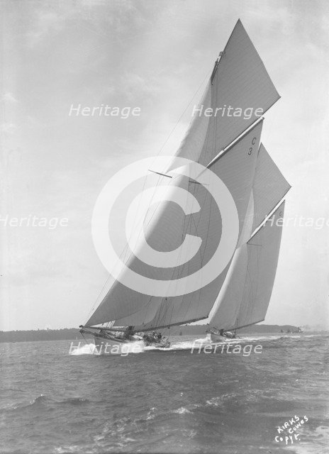 The 19-metre 'Corona' & 'Octavia' racing close-hauled, 1911. Creator: Kirk & Sons of Cowes.