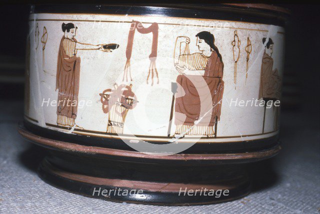 Greek Pyxis, (Cosmetic Box), Women performing domestic tasks, Athens, c460BC-450 BC. Artist: Unknown.