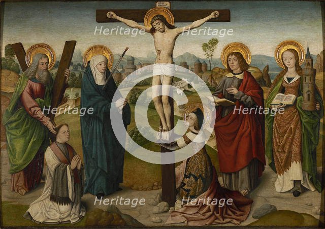 The Crucifixion with Saints and Donators, c.1490-1495. Creator: Master of the Aachen Cabinet Doors (Master of the Aachen Life of the Virgin) (active ca. 1485-1500).