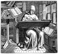 Monk at work on a manuscript in the corner of a scriptorium, 15th century. Artist: Unknown