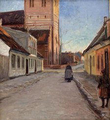 Street in Koge with Nicolai church on the left, 1898. Creator: Albert Gottschalk.