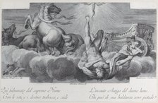 Plate 34: Auriga, the charioteer, falls from the chariot at center, with three horses at l..., 1756. Creators: Bartolomeo Crivellari, Gabriel Söderling.