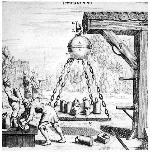Von Guericke's demonstration of the power of air pressure, 1672. Artist: Unknown