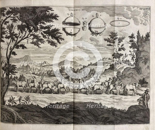 Experimenta nova. Overcoming the “horror vacui” with the “Magdeburg Hemispheres”, 1672. Creator: Guericke, Otto von (1602-1684).
