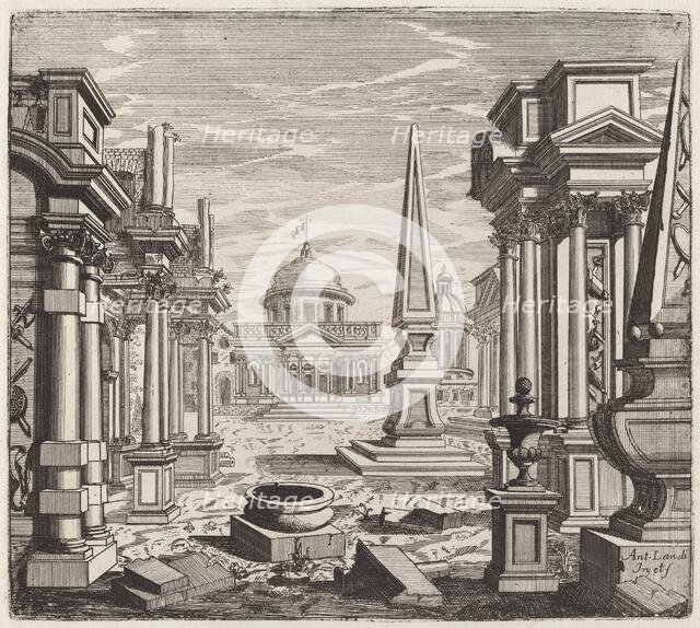 Architectural Fantasy with Obelisks, Ruins, and a Piazza, before 1753. Creator: Giuseppe Antonio Landi.