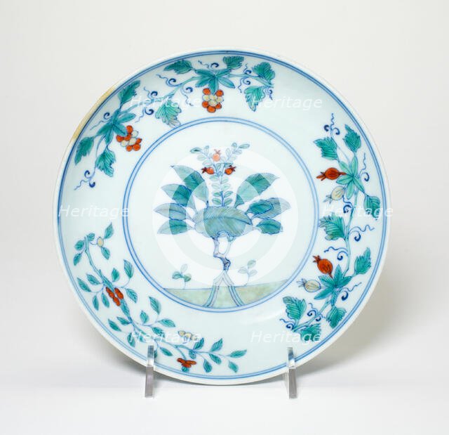 Dish with Grape, Cherry, and Pomegrenate Stems, Qing dynasty (1644-1911), c. 18th century. Creator: Unknown.