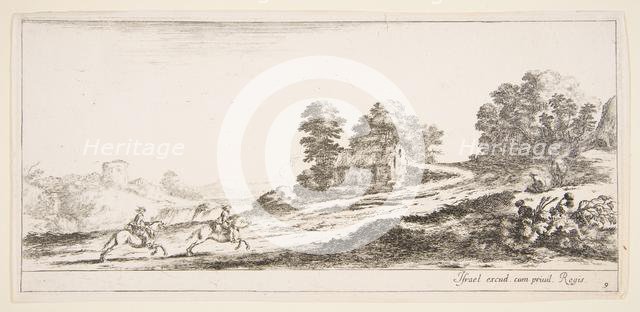 Plate 9: two horsemen at left galloping uphill towards the right, a horse and seated m..., ca. 1641. Creator: Stefano della Bella.