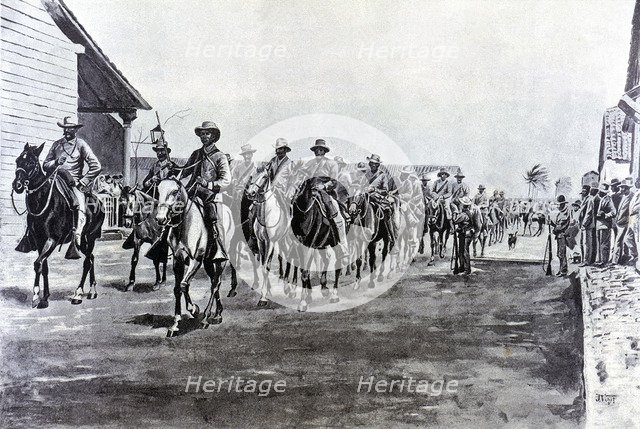 Cuba War, Spanish troops riding back from an expedition, engraving, 1897.