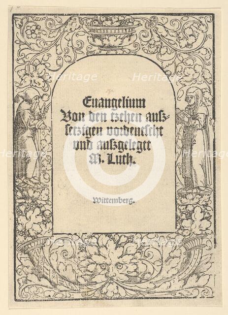 Title-border with a Hermit and a Nun, Vase of Fruit, a Mask and Cornucopias, 1520. Creator: Hans Cranach.