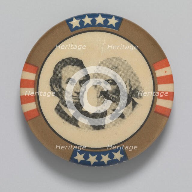 Pinback button featuring Abraham Lincoln and Frederick Douglass, 1960s. Creator: Unknown.