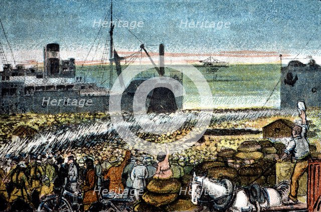 Morocco's War (1909-1913), Spanish troops landing in Melilla, drawing of the time.