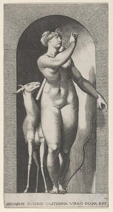 Plate 12: Diana standing in a niche, twisting to her left and pulling an arrow out of a qu..., 1526. Creator: Giovanni Jacopo Caraglio.