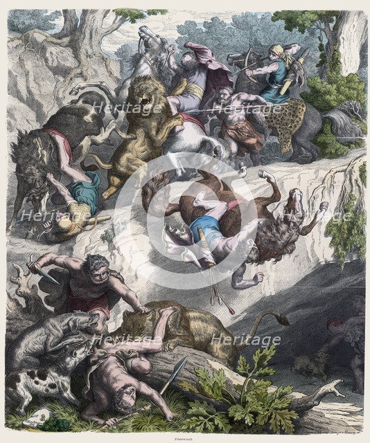 Ancient History. Carthage. Lion hunting. German engraving, 1866.