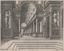 View in a Church with Corinthian Columns and Statues of Apollo, Melpomene, and Moses, 1560. Creators: Johannes van Doetecum I, Lucas van Doetecum.