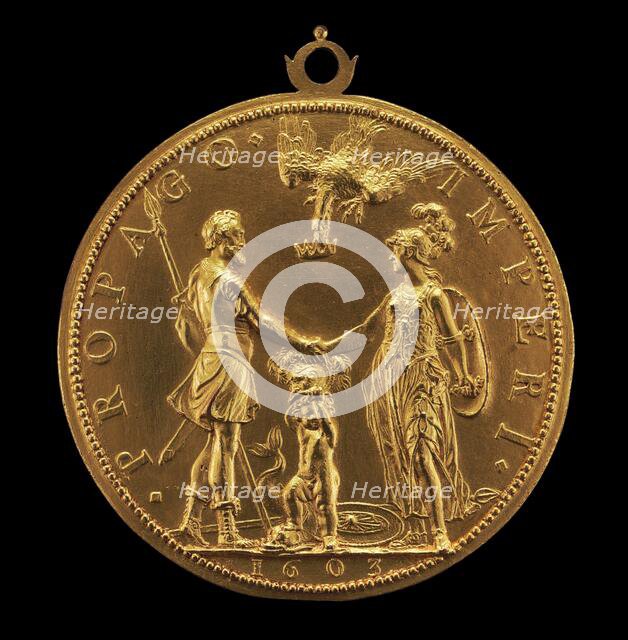 Louis XIII as Dauphin between Henri IV as Mars and Marie as Pallas Athena [reverse], 1603. Creator: Abraham Dupre.