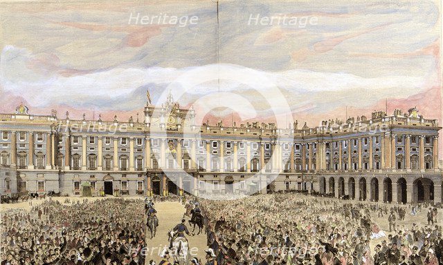 Check the king in the Royal Palace of Madrid', Alfonso XII, King of Spain (1857-1885), engraving …