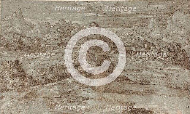 Mountain landscape with a village and a castle.