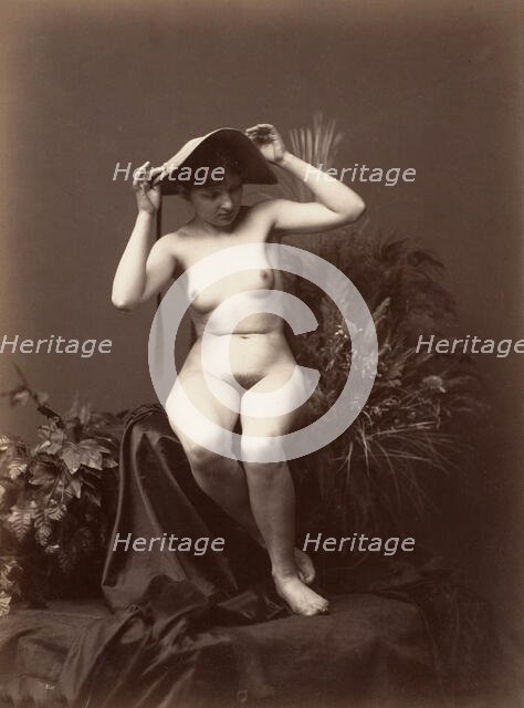 [Nude Woman with Hat in Studio], 1870s-90s. Creator: Unknown.