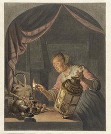 Girl lighting a lantern, 1795. Creator: Abraham Delfos.