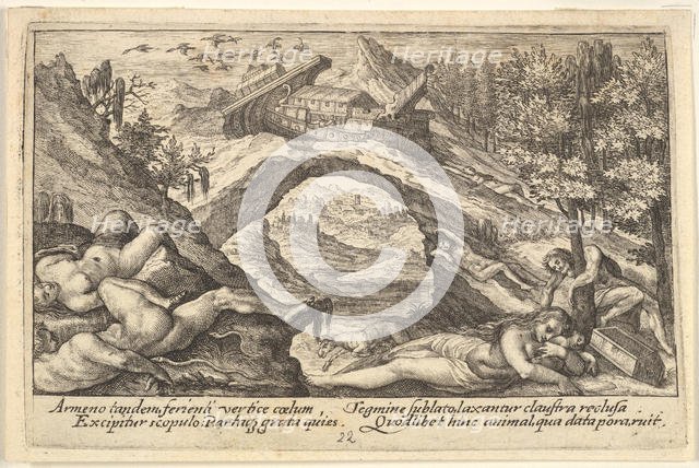 Aftermath of the Flood: human bodies strewn on dry land in the foreground, Noah's ark moor..., 1612. Creator: Crispijn de Passe I.
