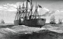 The Great Eastern playing out the Atlantic telegraph cable, c1865, (c1880). Artist: Unknown