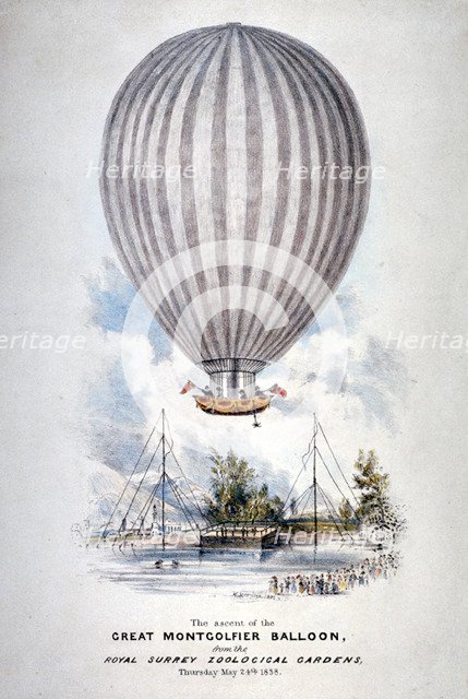 Hot air balloon ascending over Surrey Zoological Gardens, Southwark, London, 1838. Artist: Anon