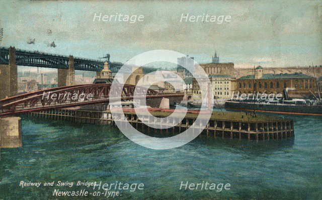 Railway and Swing Bridges, Newcastle-upon-Tyne, c1905. Artist: Unknown.