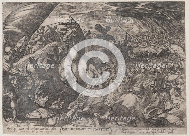 Plate 11: Joshua Ordering the Sun to Stand Still, from 'The Battles of the Ol..., ca. 1590-ca. 1610. Creator: Antonio Tempesta.