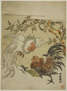 Cocks Fighting Under a Tree, c. 1770s. Creator: Isoda Koryusai.
