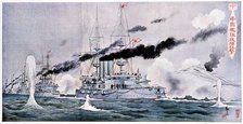 Japanese naval squadron steaming to bombard Port Arthur, Russo-Japanese War 1904-1905. Artist: Unknown