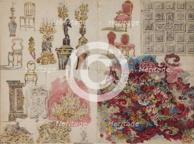 Design of furniture, ceiling, lamps, decorative wall painting with flowers for the Jussupow Palace o