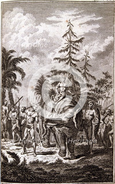 King of Cochin on his elephant accompanied by his court, engraving in the work 'Abrégé de l'histo…