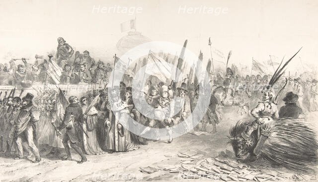 The Grand Review of the Juste-Milieu Passing La Caricature, October 30, 1832 (Gran..., October 1832. Creators: Auguste Raffet, Jean Ignace Isidore Gerard.