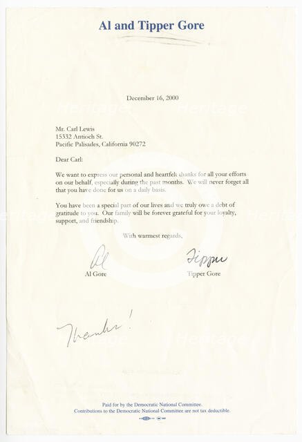 Letter from Vice President Al Gore and his wife Tipper Gore to Carl Lewis, December 16, 2000. Creators: Unknown, Al Gore.