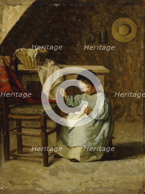 Girl Sewing, 1869. Creator: Adolf von Becker.