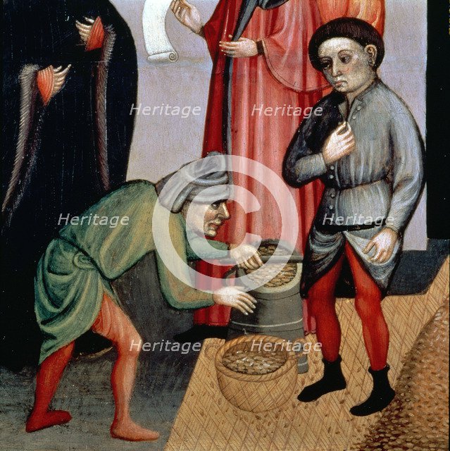 Altarpiece of St. Nicholas of Bari, detail of the representation of the the measurement and sale …