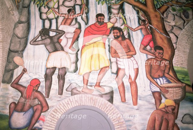 Baptism of a native and agricultural scenes, mural preserved in the Cathedral of Port Prince, bui…