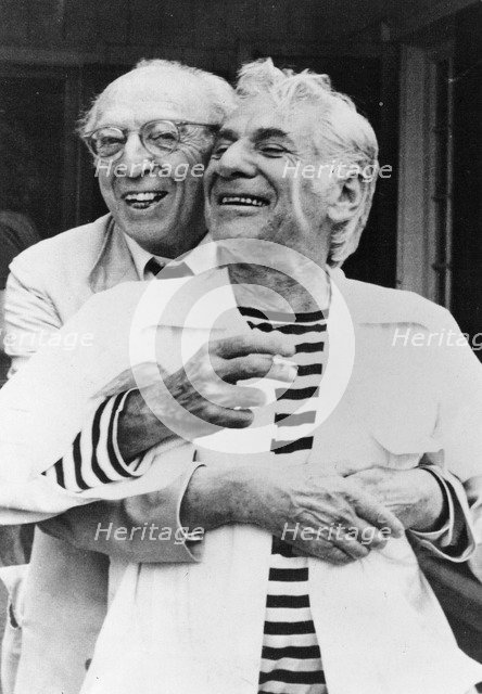Leonard Bernstein (1918-1990) and Aaron Copland (1900-1990), American composers, 1987. Artist: Unknown